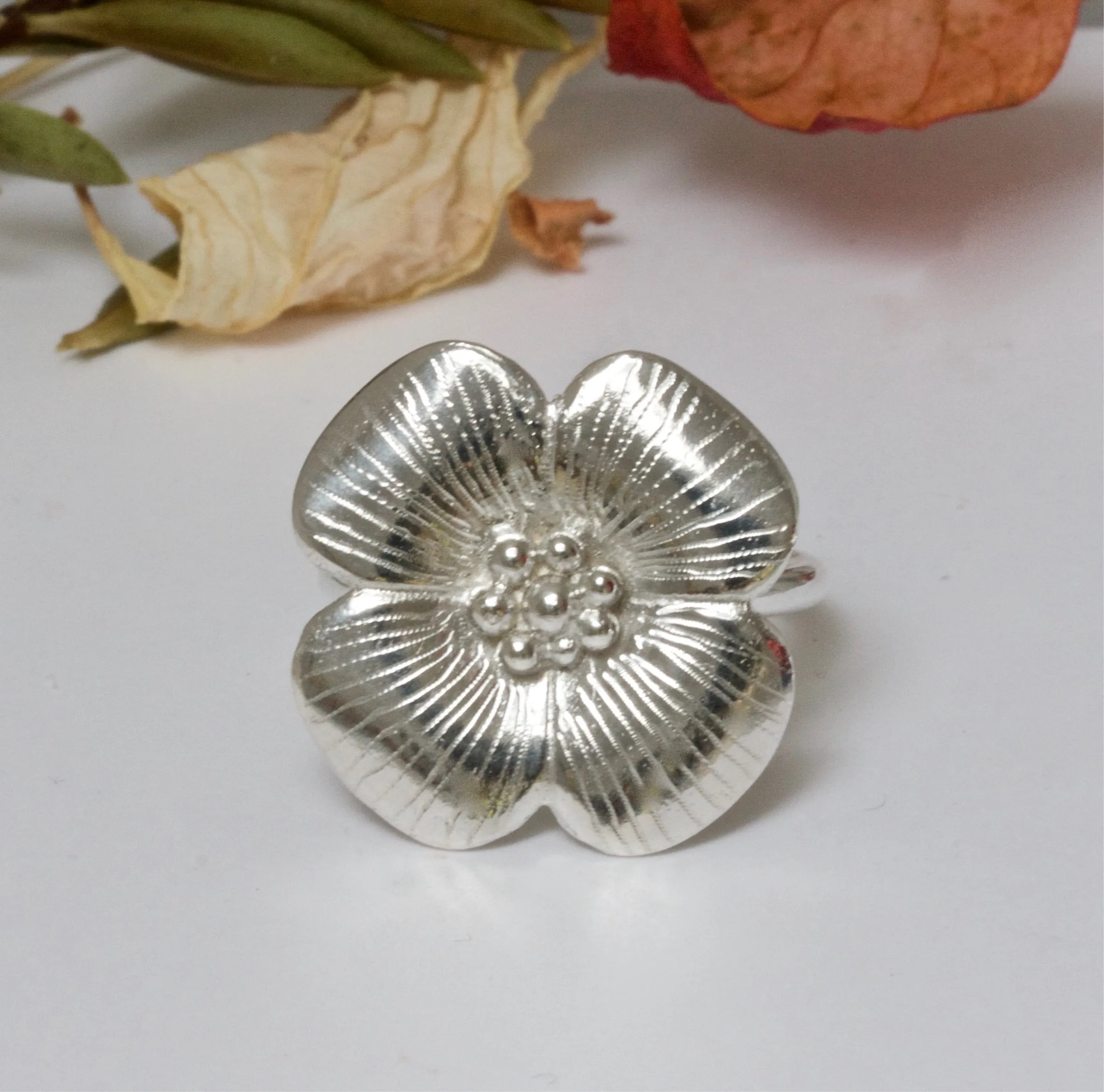 Silver Four Petal Flower Ring