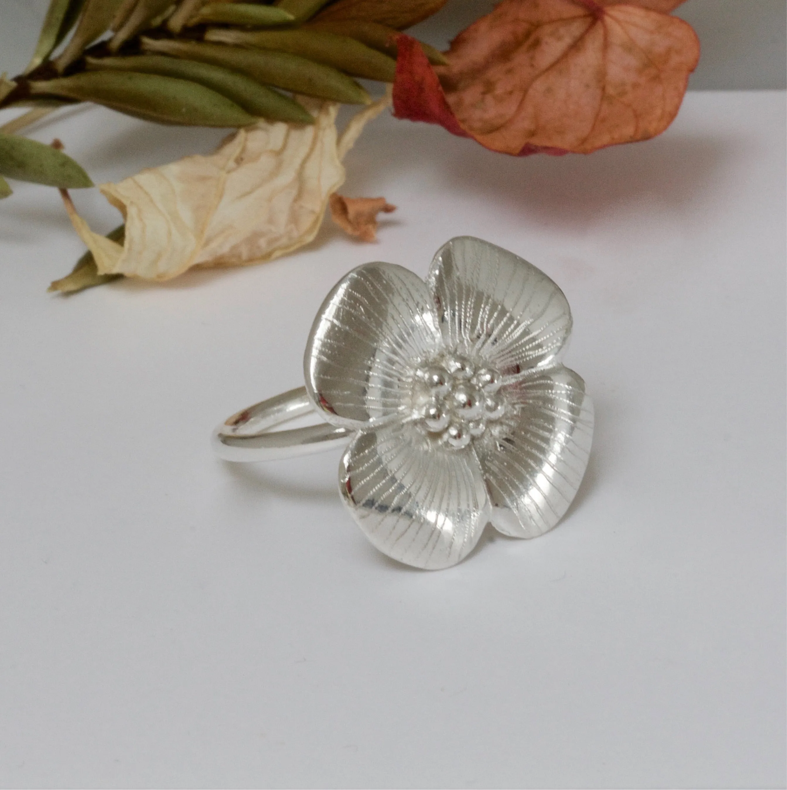 Silver Four Petal Flower Ring