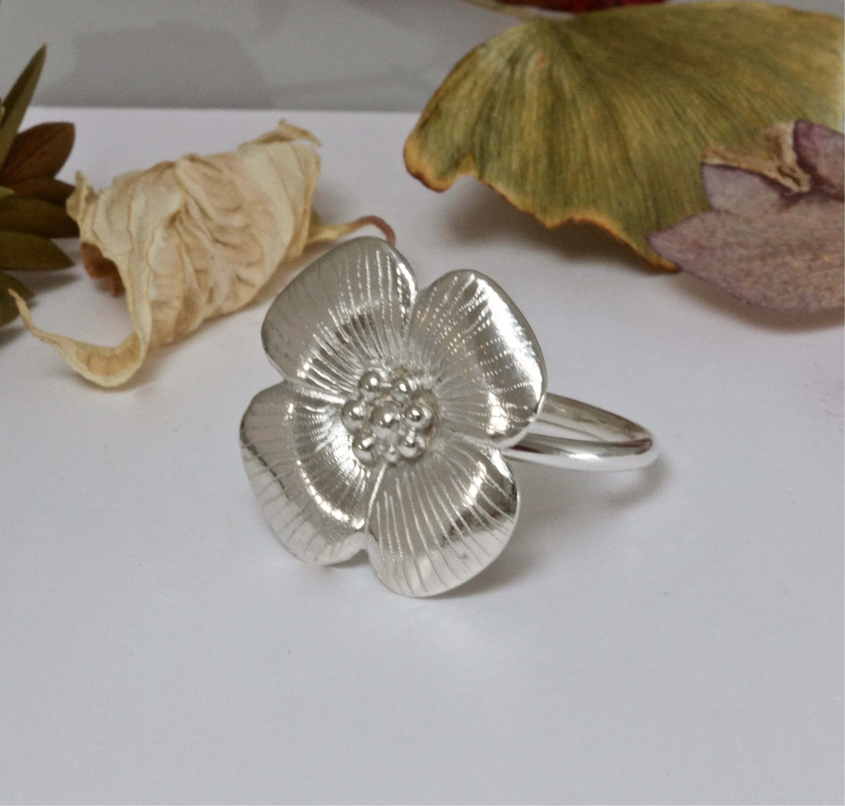 Silver Four Petal Flower Ring