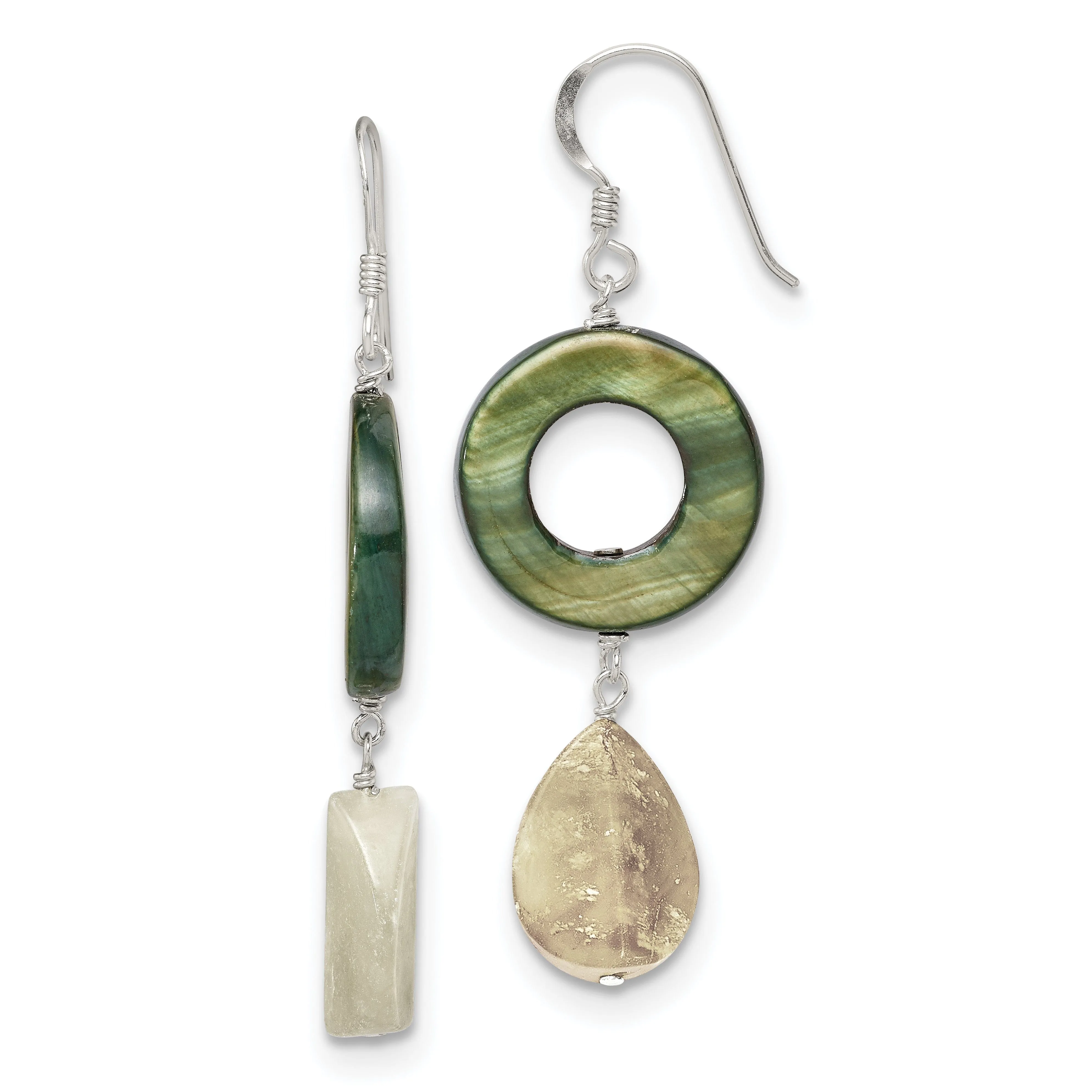 Silver Jade Green Mother Pearl Dangle Earrings