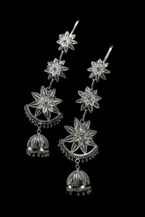 Silver Linings "Star Kaan Chain" Silver Filigree Handmade Jhumka Earrings