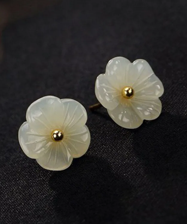 Simple White Sterling Silver Inlaid Jade Floral Stud Earrings