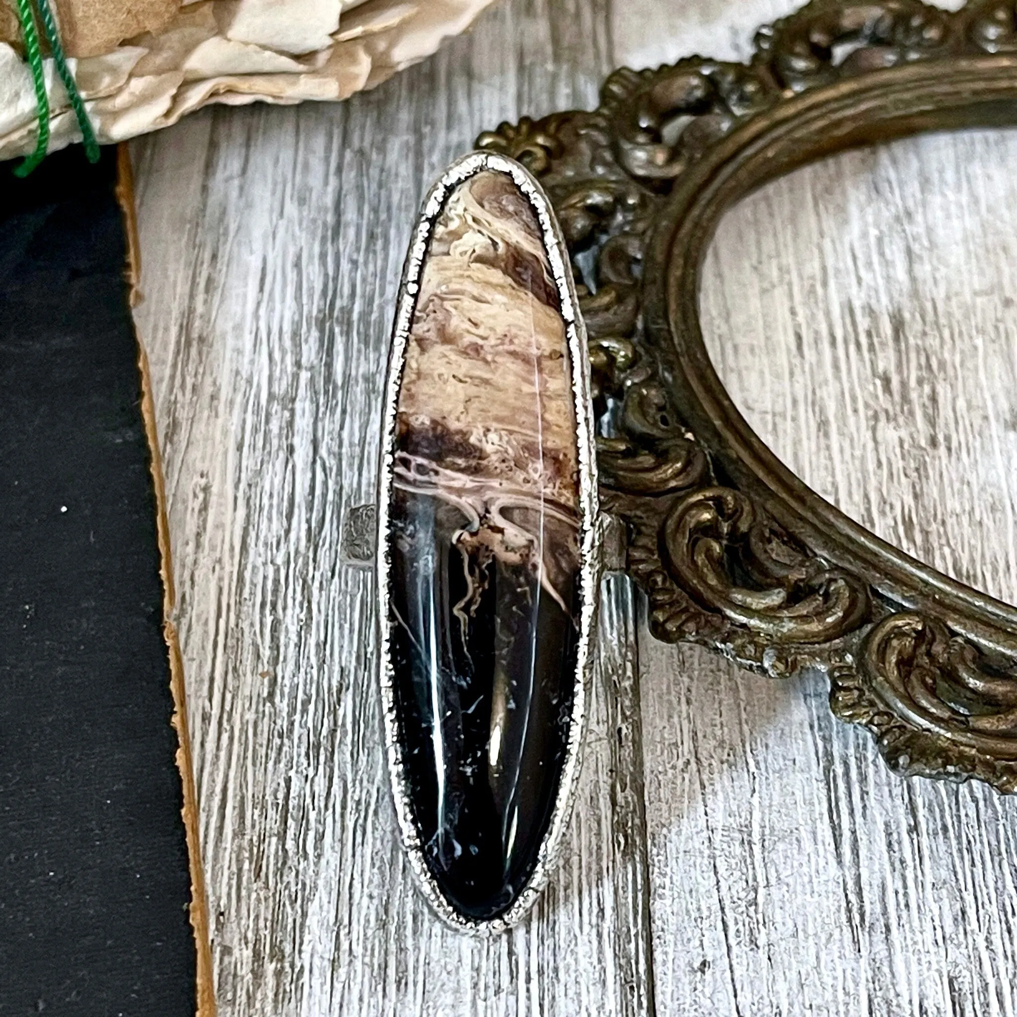 Size 7 Large Fossilized Palm Root Statement Ring in Fine Silver - Black Stone Ring / Foxlark Collection - One of a Kind