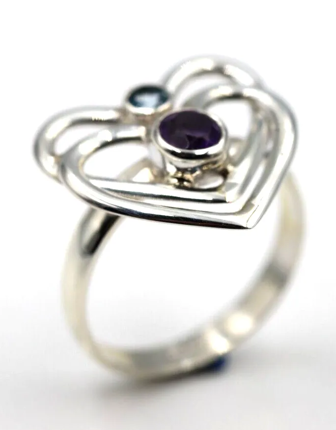 Size Q Sterling Silver Purple Amethyst  Blue Topaz Double Heart Ring