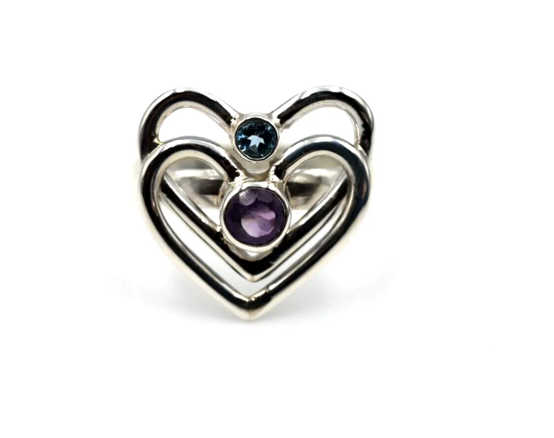 Size Q Sterling Silver Purple Amethyst  Blue Topaz Double Heart Ring