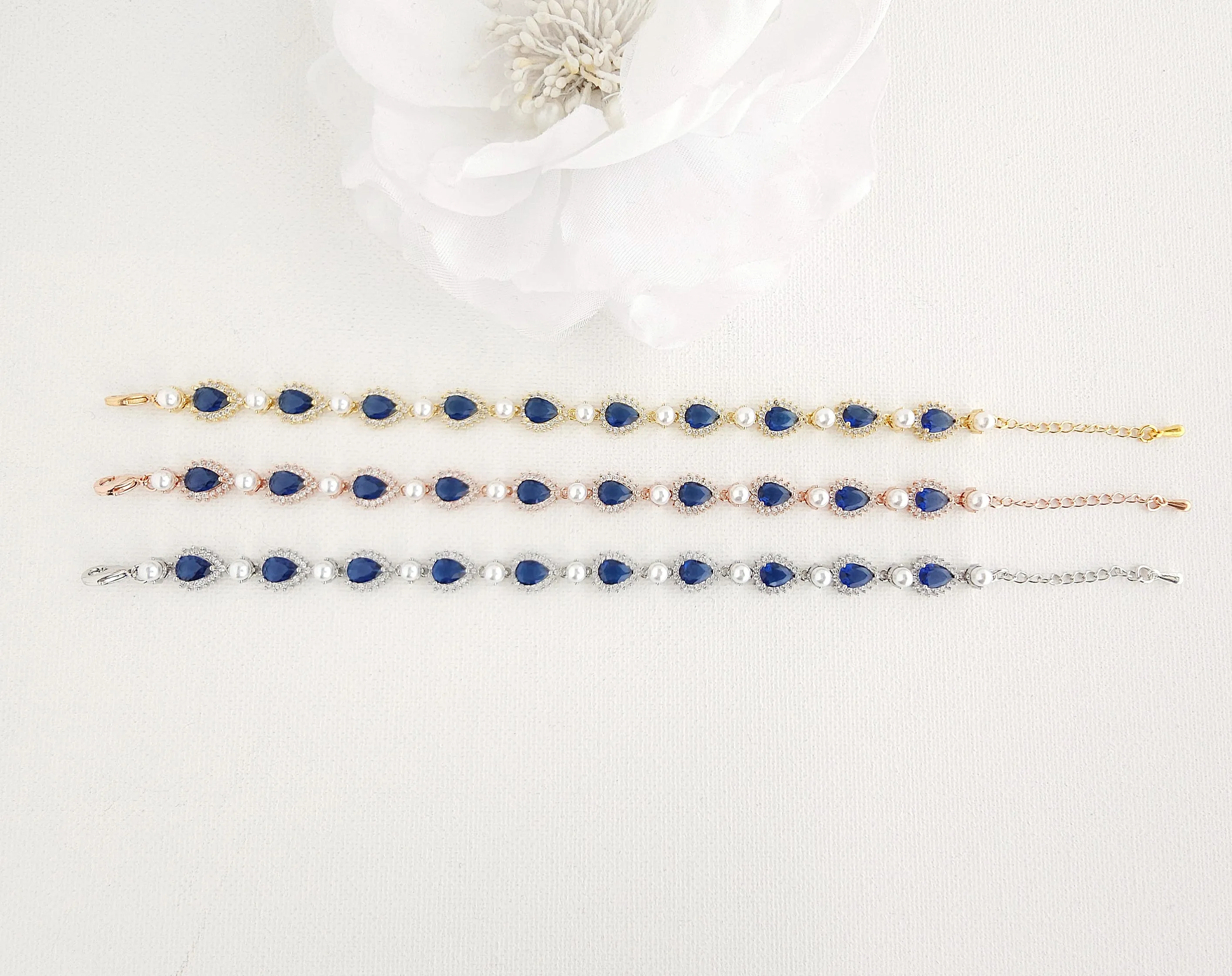 Something Blue Wedding Bracelet with Pearls and Gold-Aoi