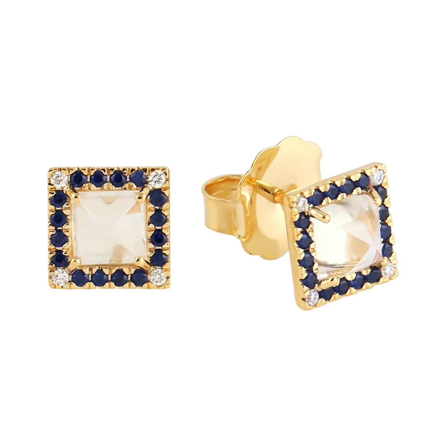 Square Moonstone Pave Diamond & Sapphire Stud Earrings In 18k Yellow Gold