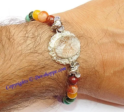 Sri Ganesha, Ridhi , Sidhi ,Sriyantra (Sri yantra) carved on Sphatik (Crystal) stone with Chakra beads bracelet