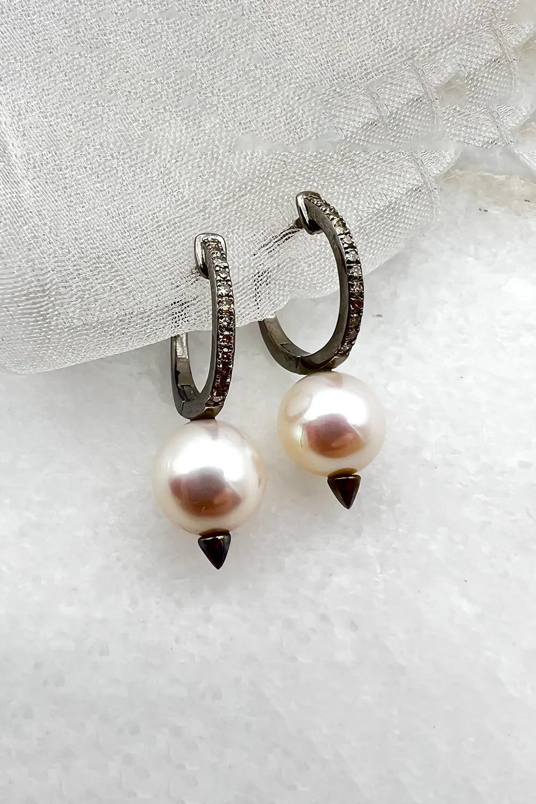 SS DIAMOND LARGE PEARL HOOP EARRINGS WITH SPIKE