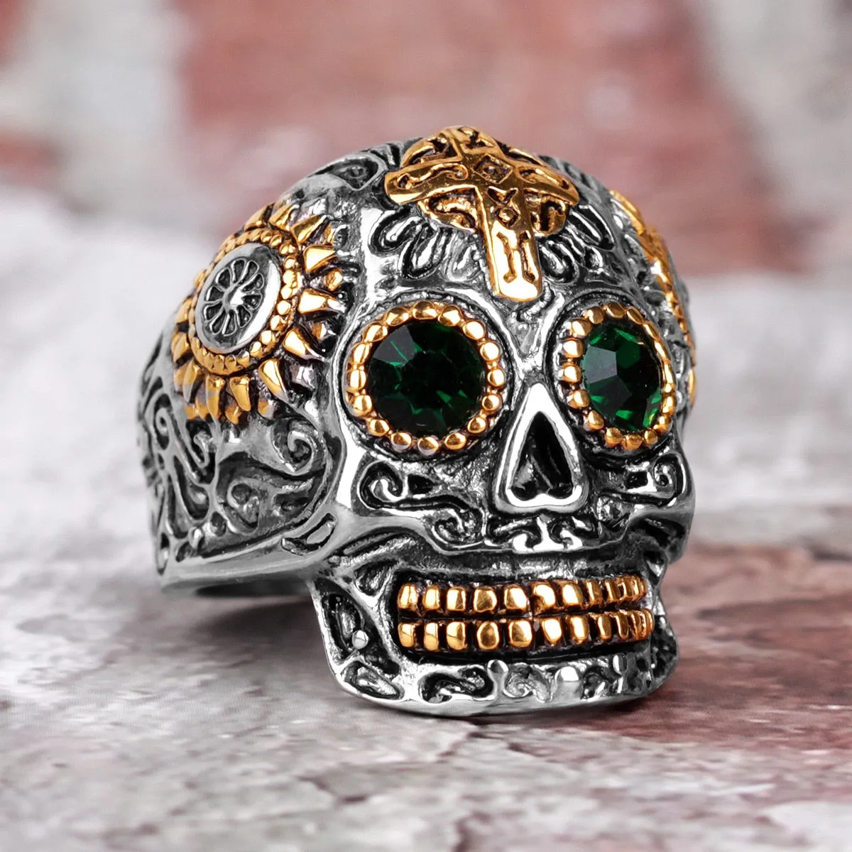 Stainless Steel Tattoo Cross Emerald CZ Gothic Skull Ring