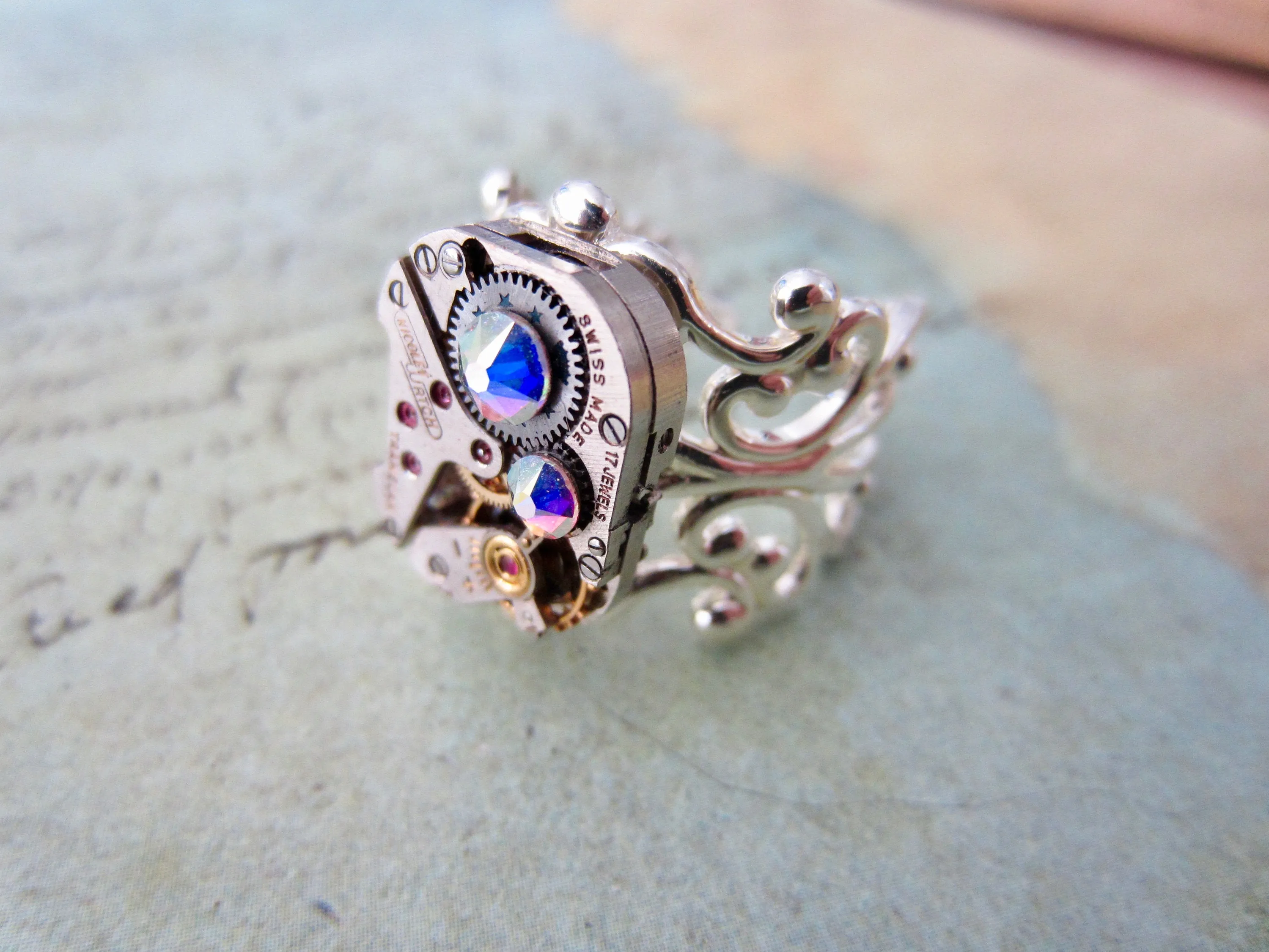 Steampunk Ring Statement Antique Silver Adjustable Watch Movement Ring  BOHO Steampunk Jewelry