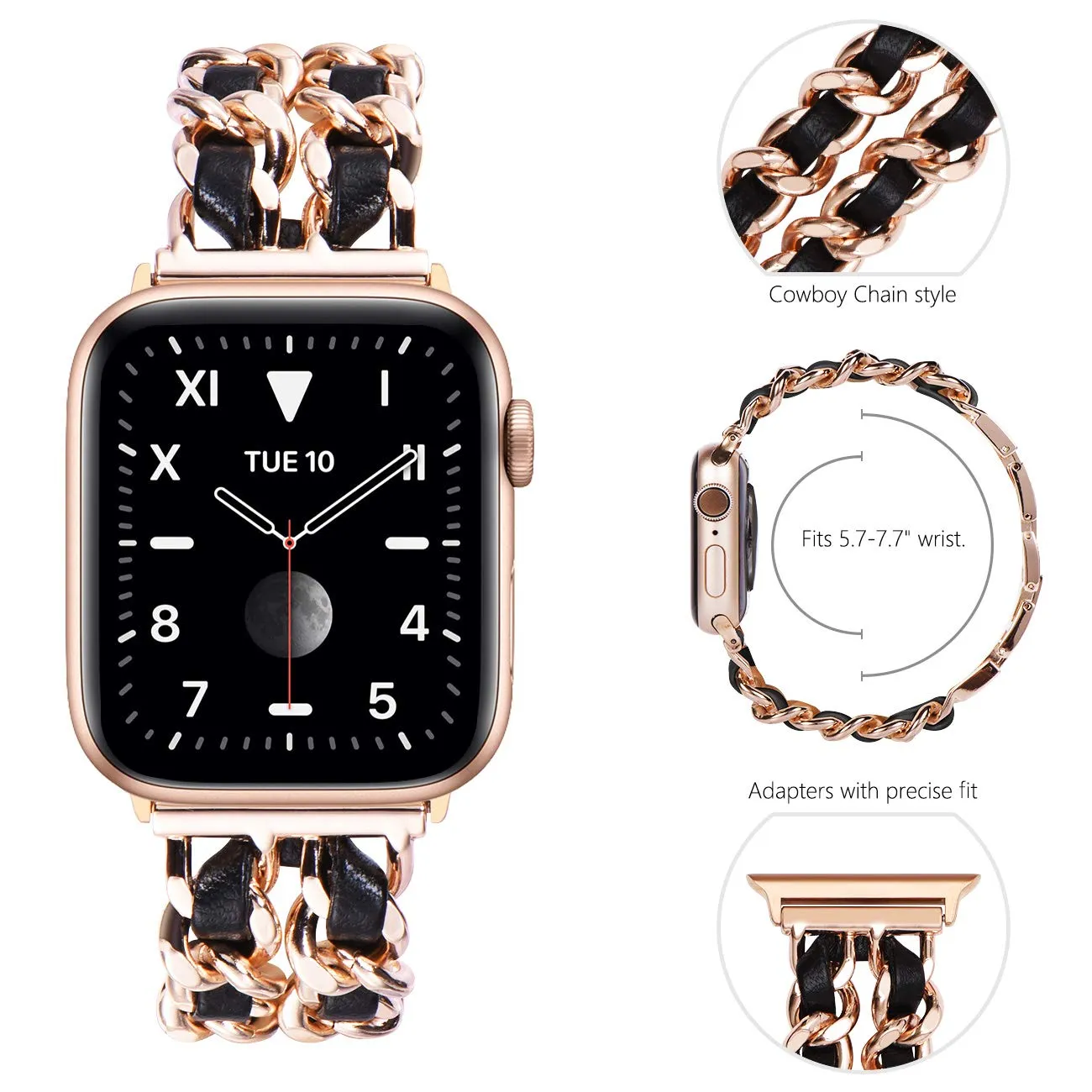 Steel Chain with Leather Jewelry strap for Apple watch women