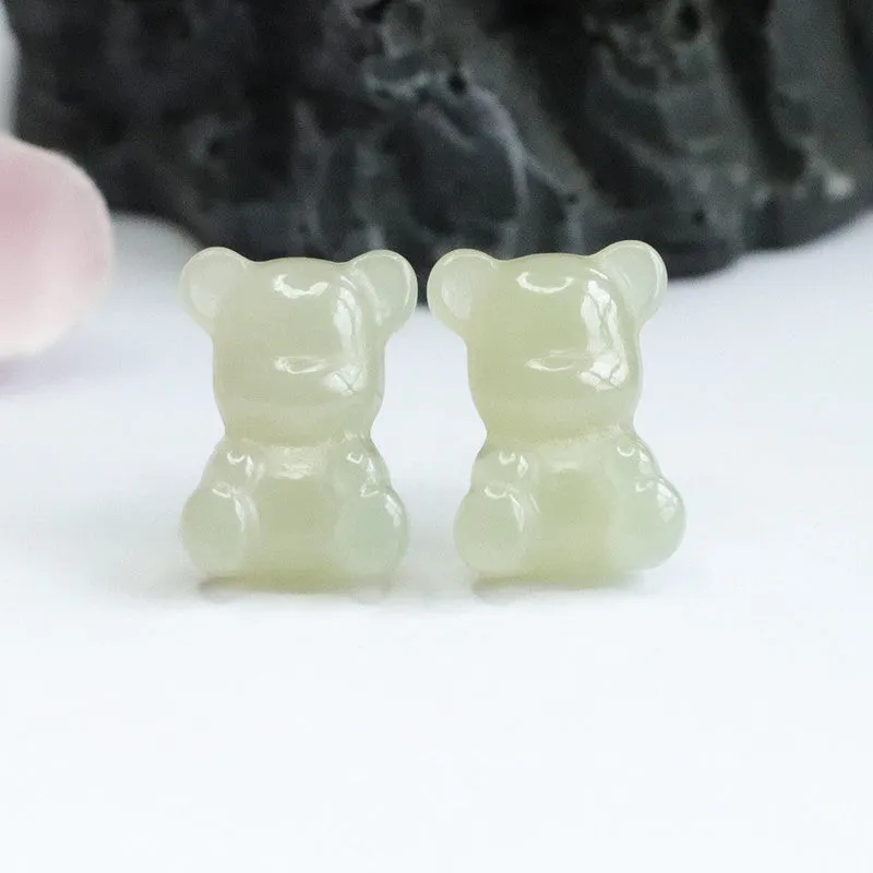 Sterling Silver and Hetian Jade Bear Ear Stud Earrings