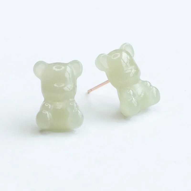 Sterling Silver and Hetian Jade Bear Ear Stud Earrings