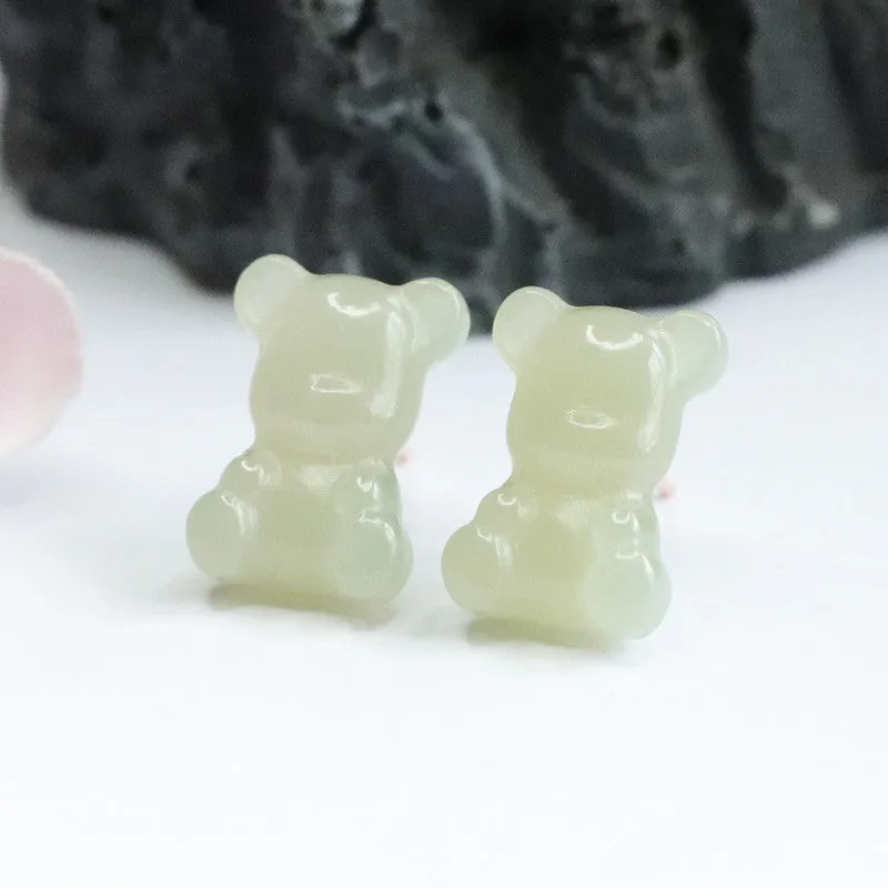 Sterling Silver and Hetian Jade Bear Ear Stud Earrings