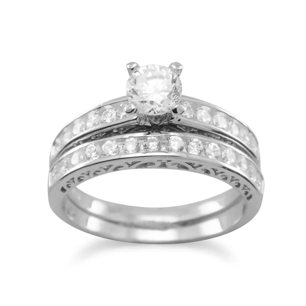 Sterling Silver CZ Engagement Ring and Wedding Band Set