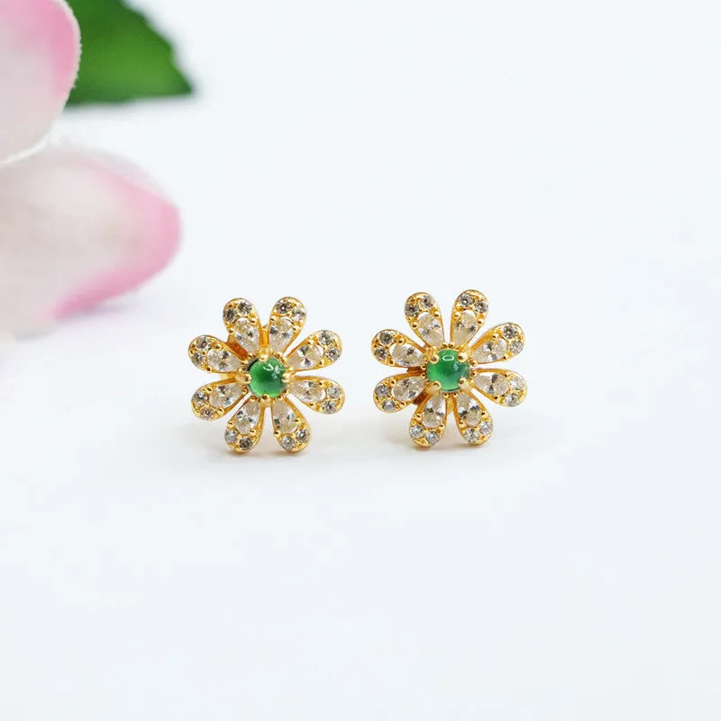 Sterling Silver Daisy Flower Stud Earrings with Natural Green Jade