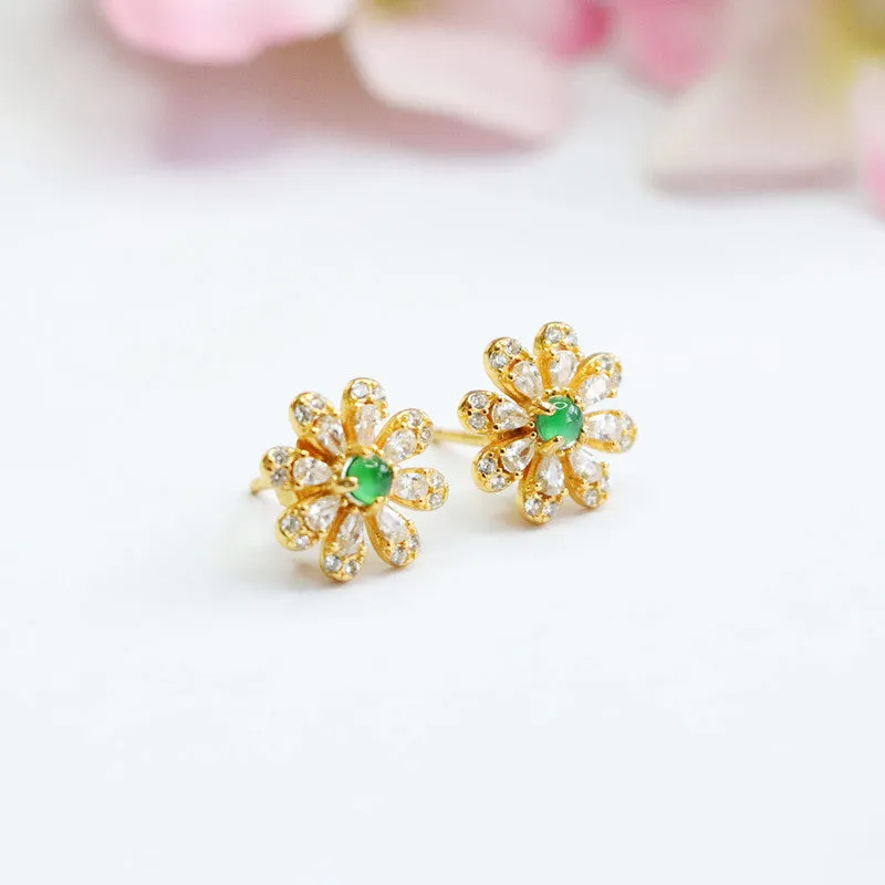 Sterling Silver Daisy Flower Stud Earrings with Natural Green Jade