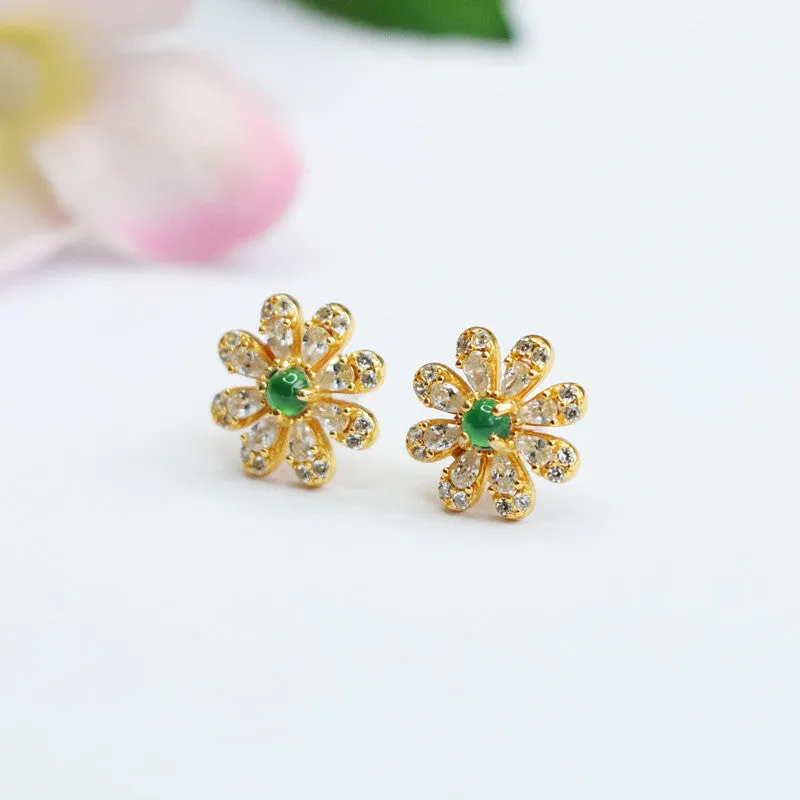 Sterling Silver Daisy Flower Stud Earrings with Natural Green Jade