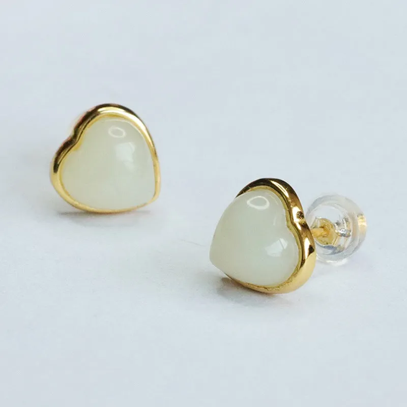 Sterling Silver Love Earrings with Natural Hetian White Jade