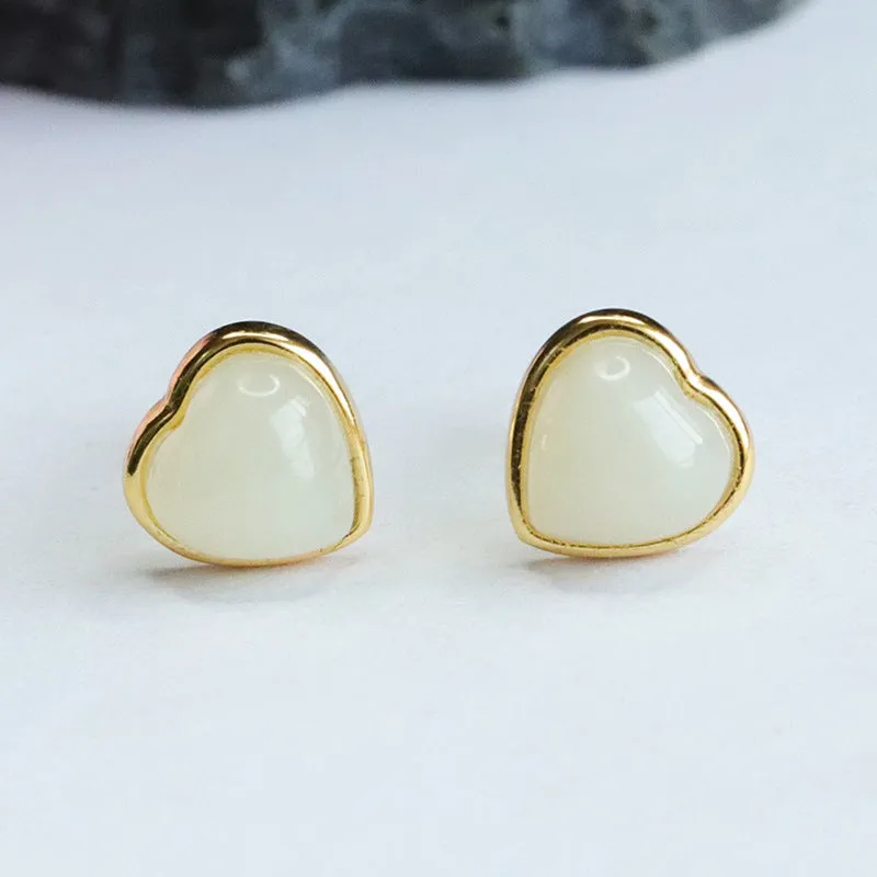 Sterling Silver Love Earrings with Natural Hetian White Jade