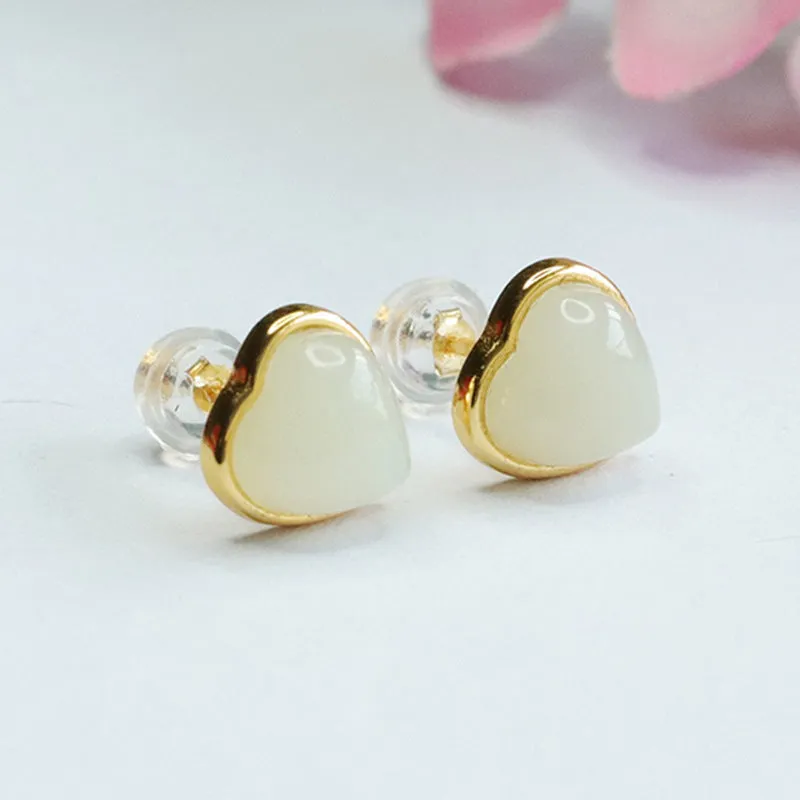 Sterling Silver Love Earrings with Natural Hetian White Jade