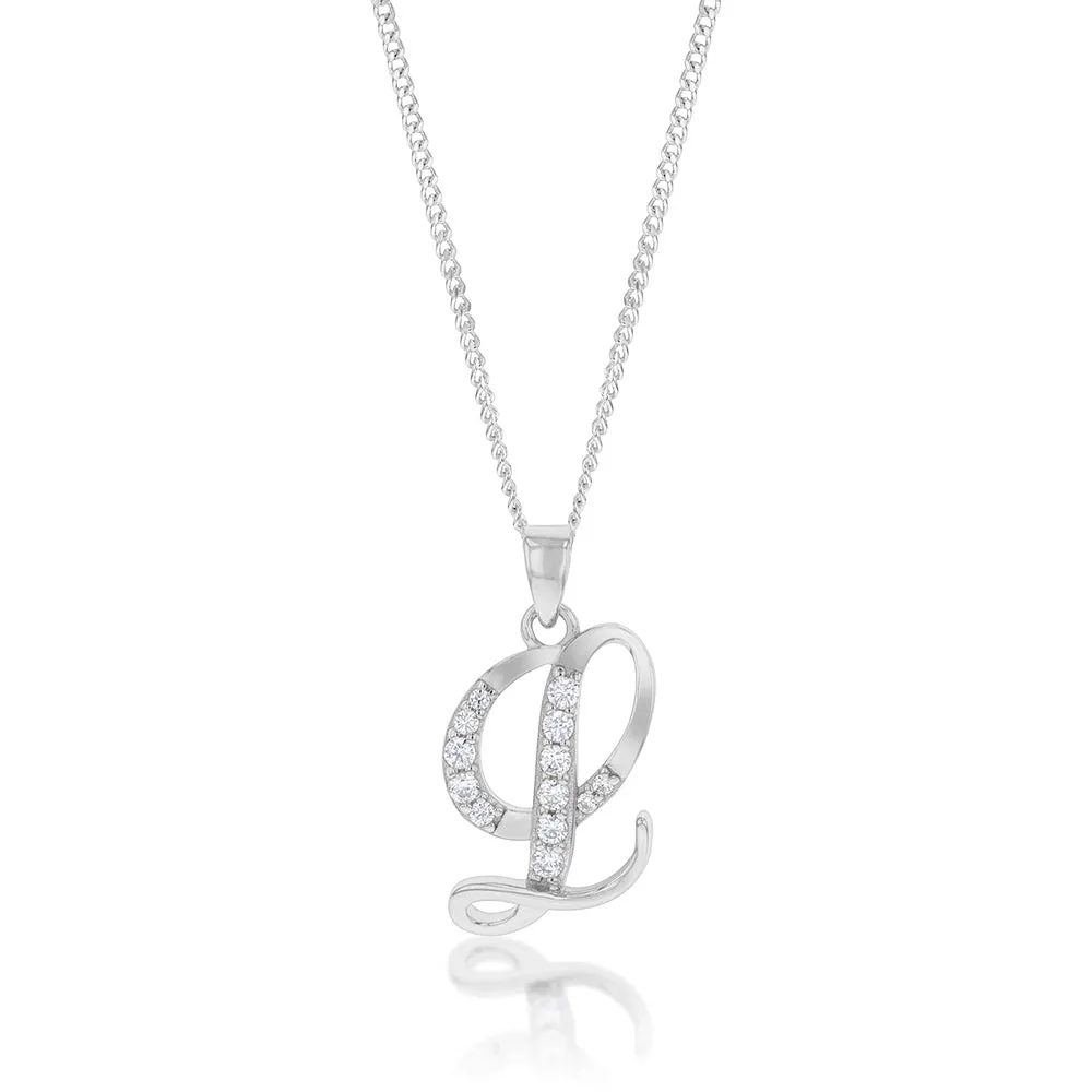 Sterling Silver Rhodium Plated Cubic Zirconia Script "L" Initial Pendant