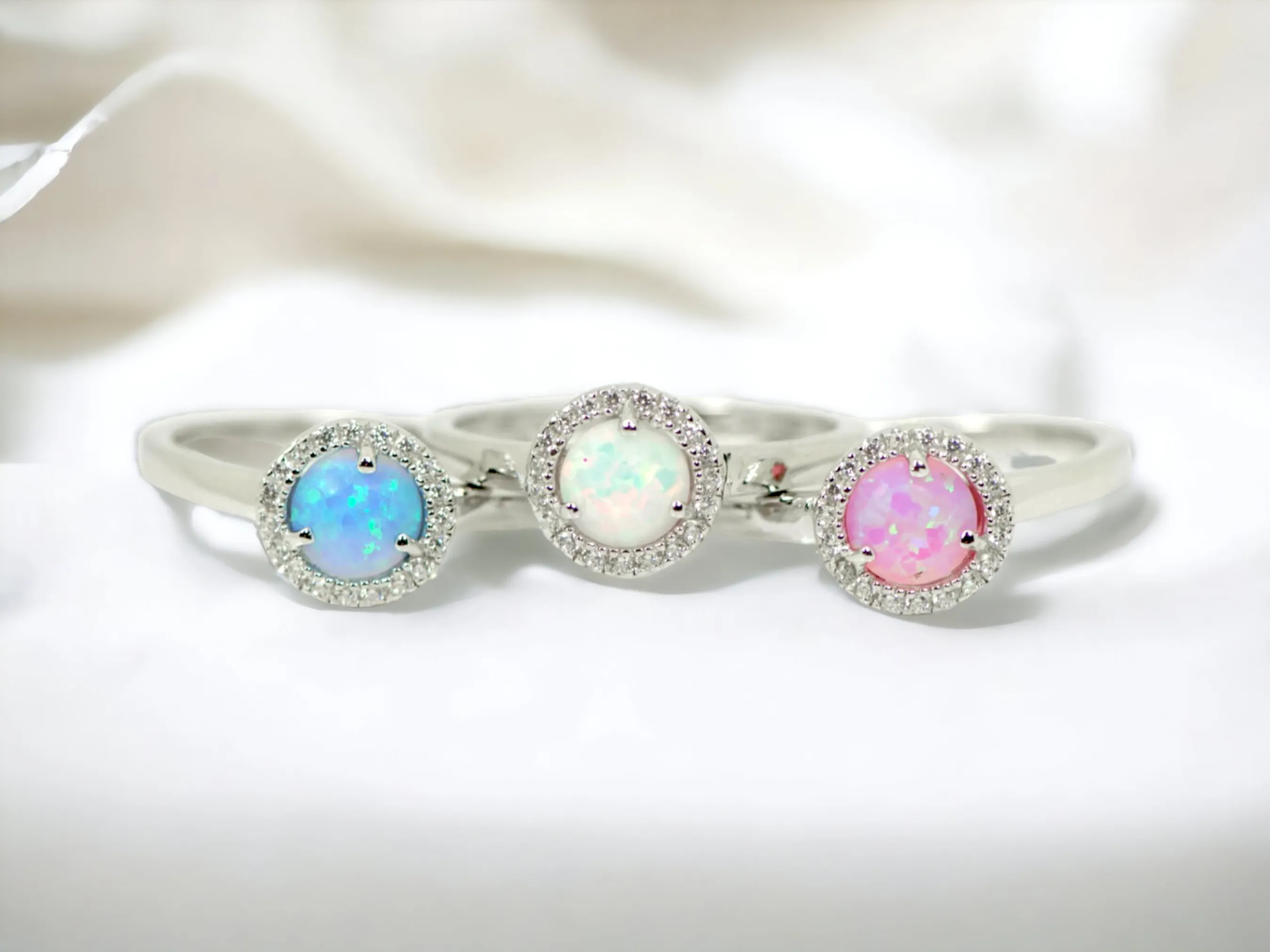 Sterling Silver Round Created White Opal CZ Halo Ring