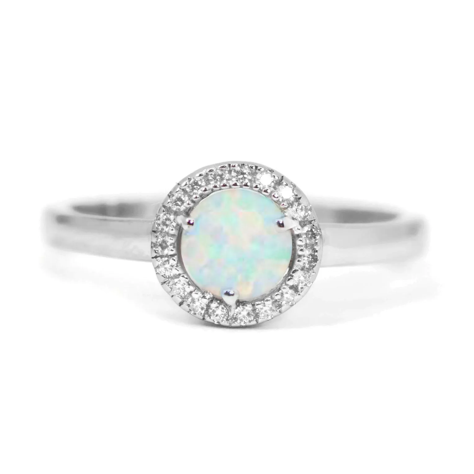 Sterling Silver Round Created White Opal CZ Halo Ring