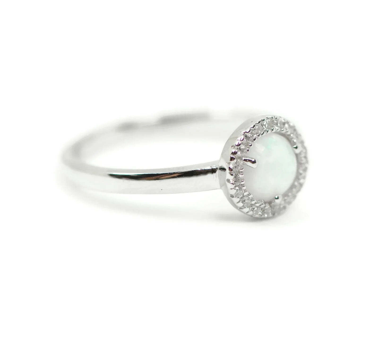 Sterling Silver Round Created White Opal CZ Halo Ring