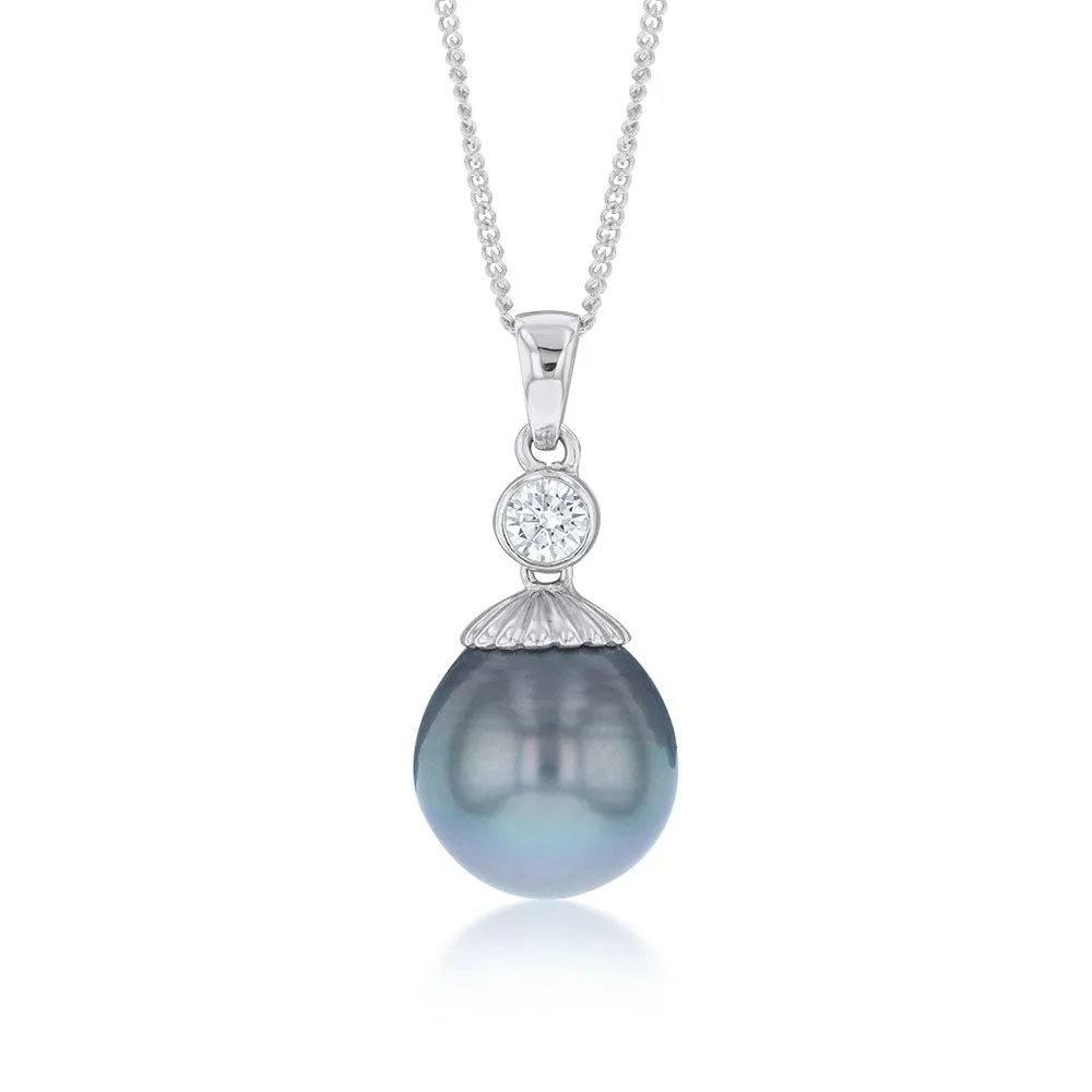 Sterling Silver Tahitian Pearl & Zirconia Pendant with 45cm Sterling Silver Chain