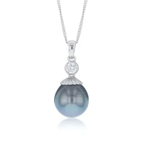 Sterling Silver Tahitian Pearl & Zirconia Pendant with 45cm Sterling Silver Chain