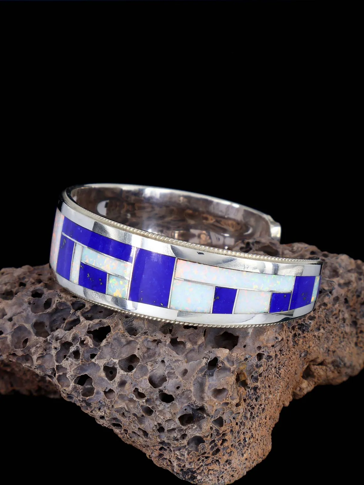 Sterling Silver Zuni Opalite and Lapis Inlay Cuff Bracelet