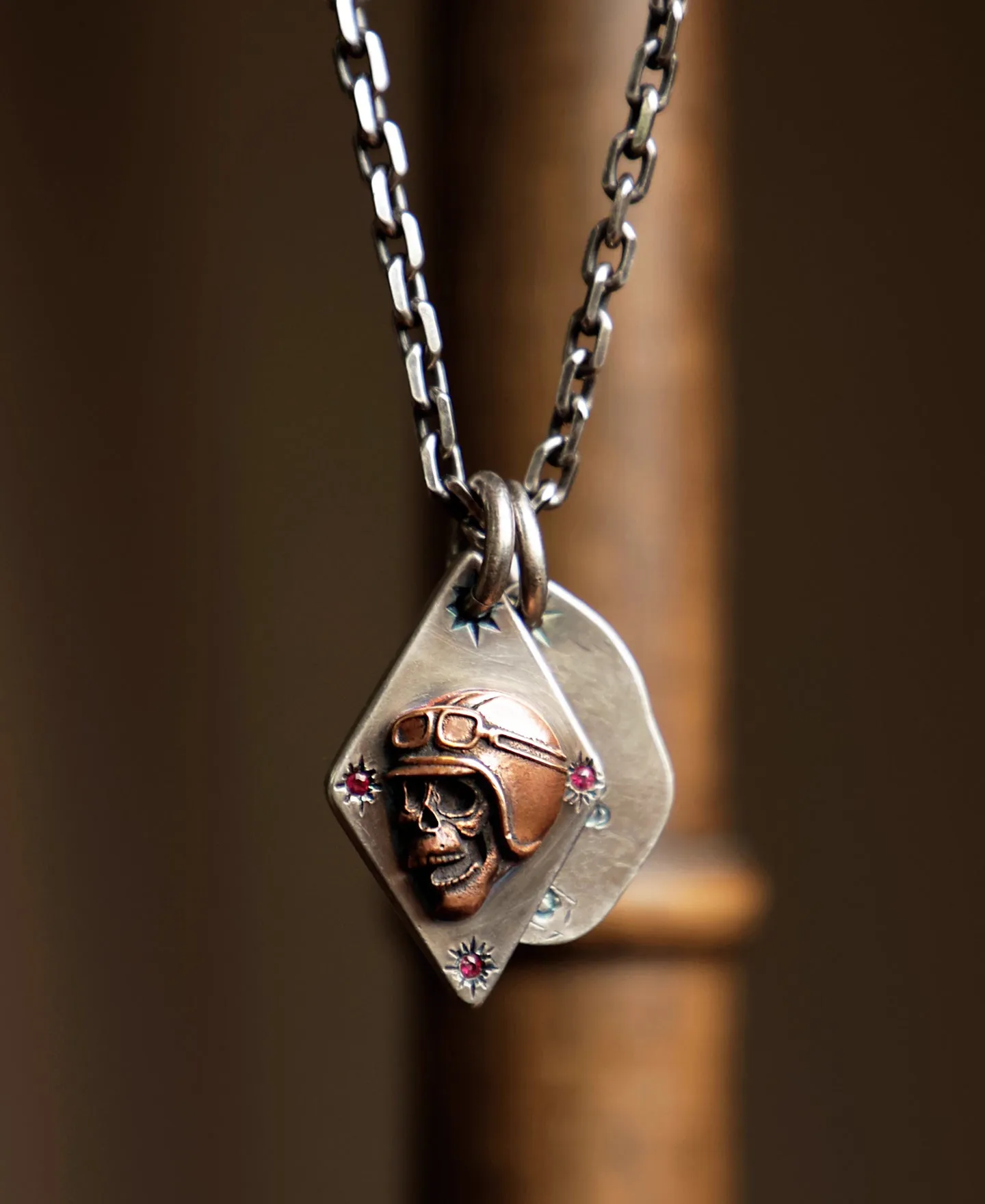 Sterling Skull Tag Ruby Necklace