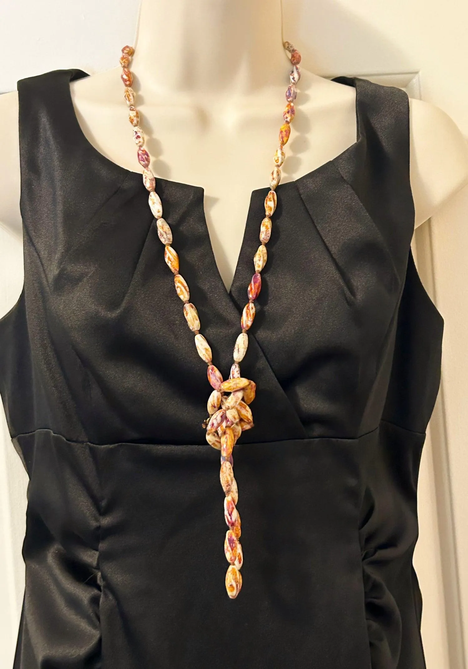 Striking 48" Brown, Purple and White Glass Beads Long Necklace