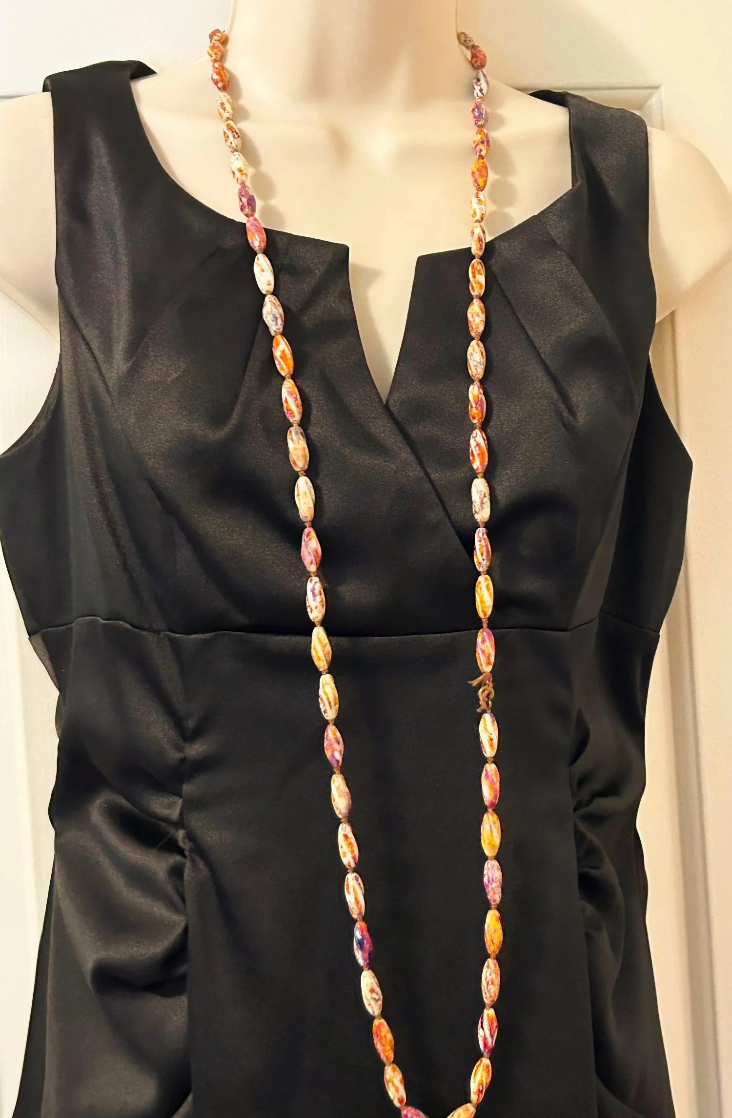 Striking 48" Brown, Purple and White Glass Beads Long Necklace