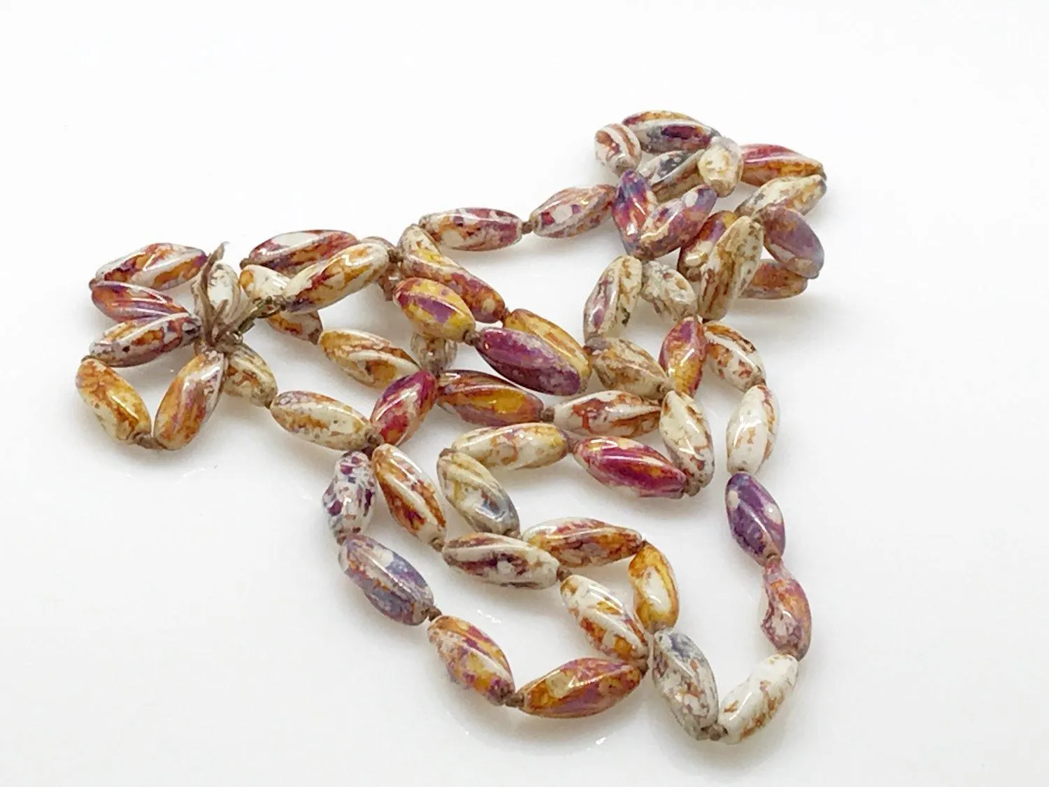 Striking 48" Brown, Purple and White Glass Beads Long Necklace