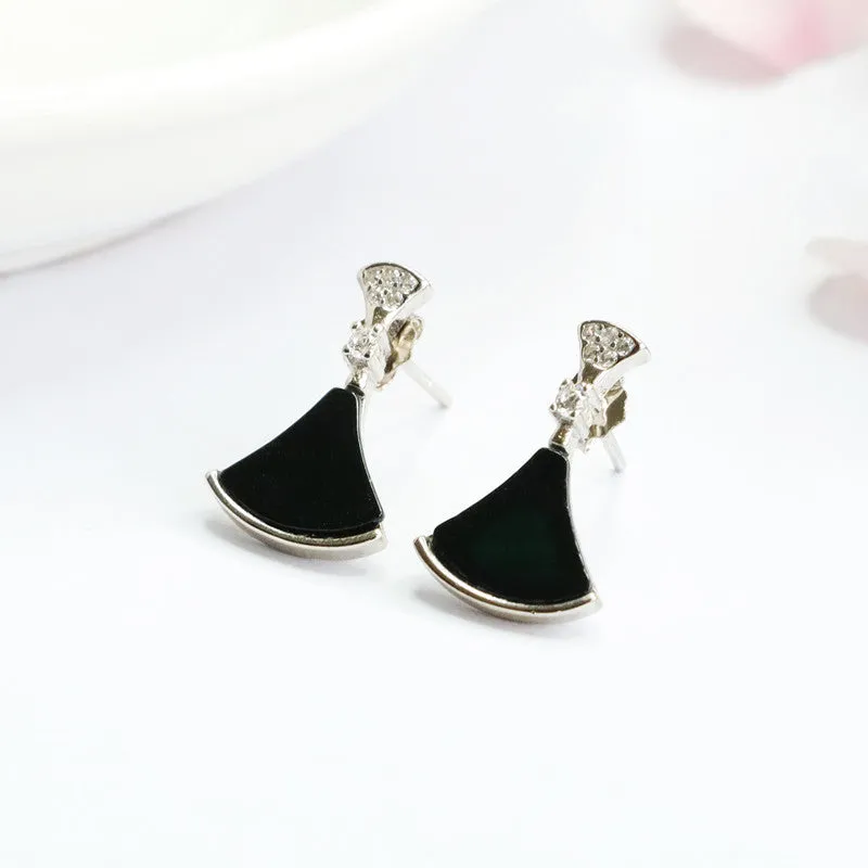 Stunning Blackish Green Small Skirt Stud Earrings with Sterling Silver and Natural Jade