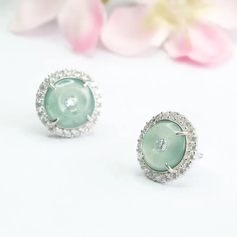 Stylish S925 Sterling Silver Natural Ice Jade Stud Earrings