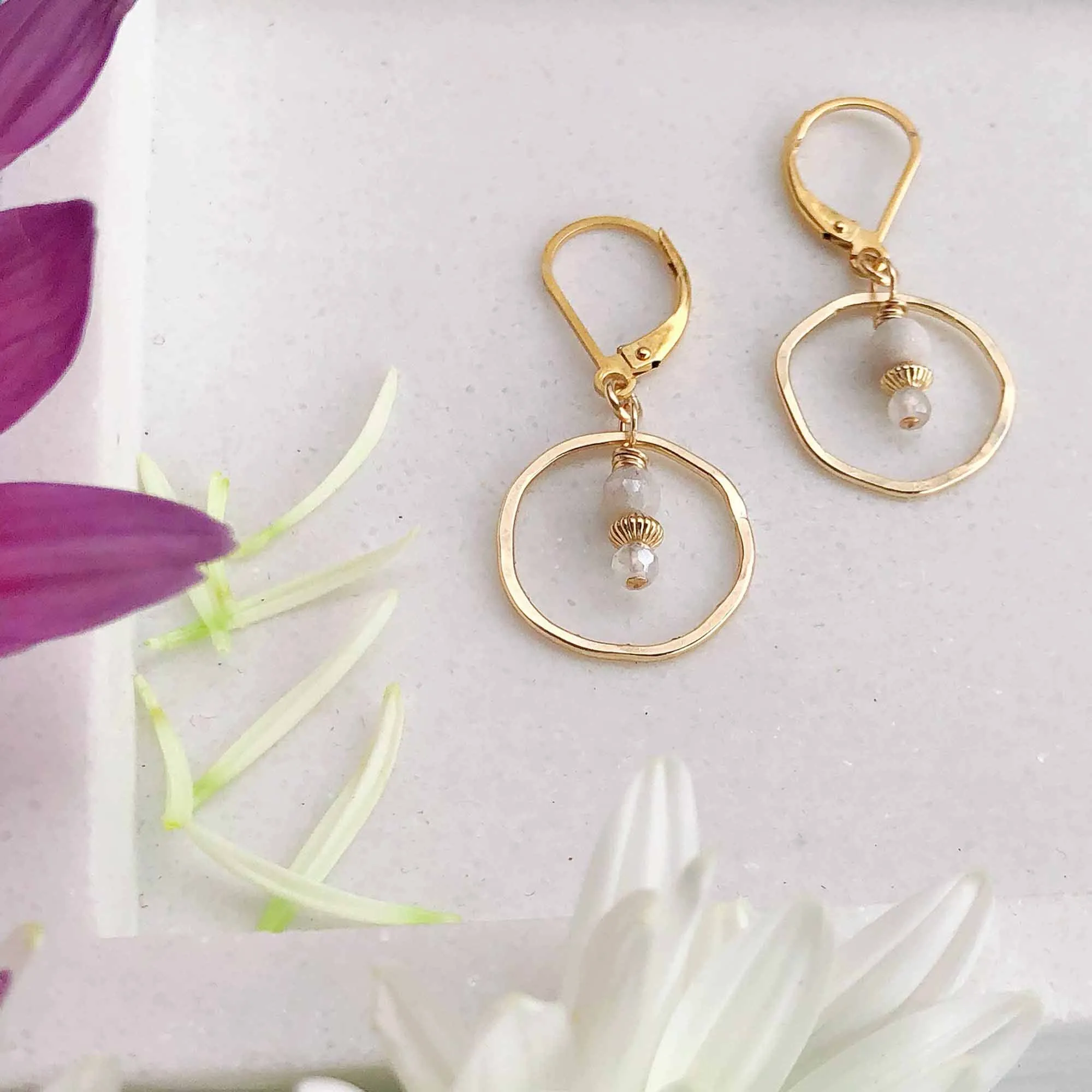 Sunrise Moonstone and Gold Circle Earrings