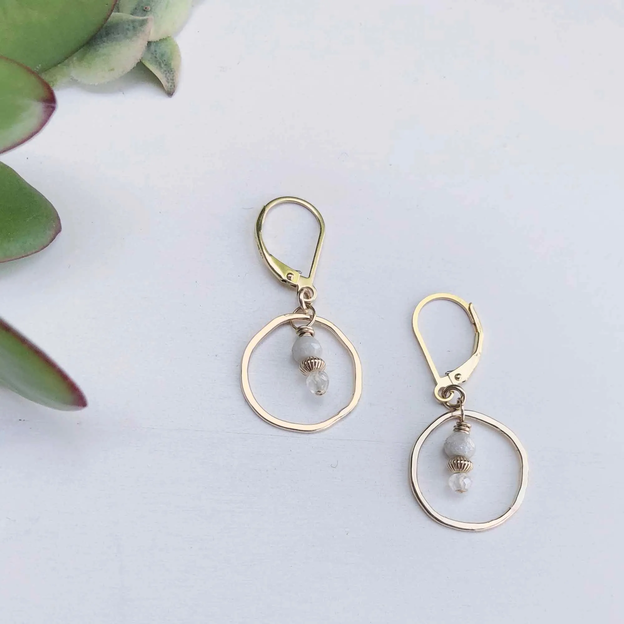 Sunrise Moonstone and Gold Circle Earrings