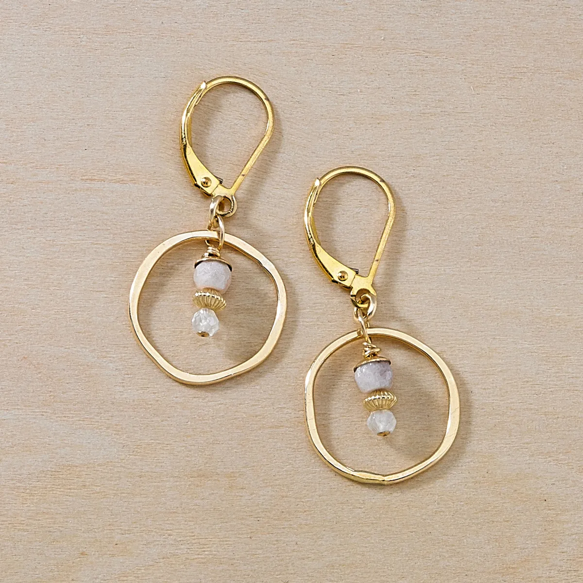 Sunrise Moonstone and Gold Circle Earrings