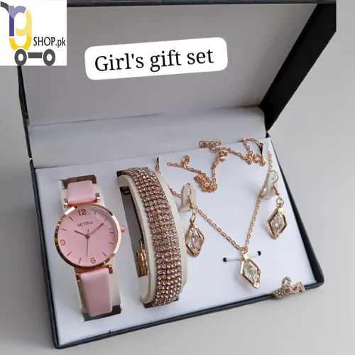 Super Gift Set Box for Women with Watch, Stone Braslet, Chain, Earrings & Stone Ring.