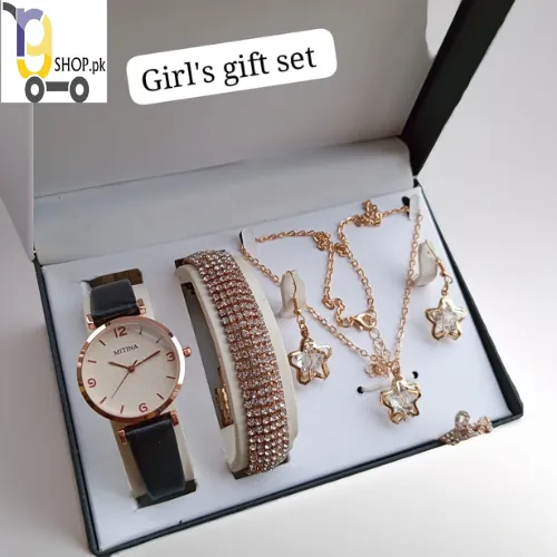 Super Gift Set Box for Women with Watch, Stone Braslet, Chain, Earrings & Stone Ring.