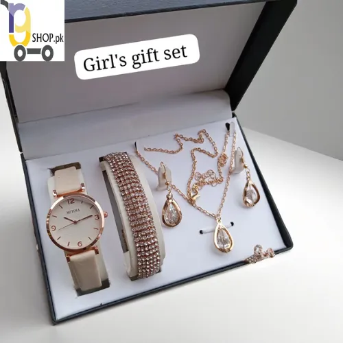 Super Gift Set Box for Women with Watch, Stone Braslet, Chain, Earrings & Stone Ring.