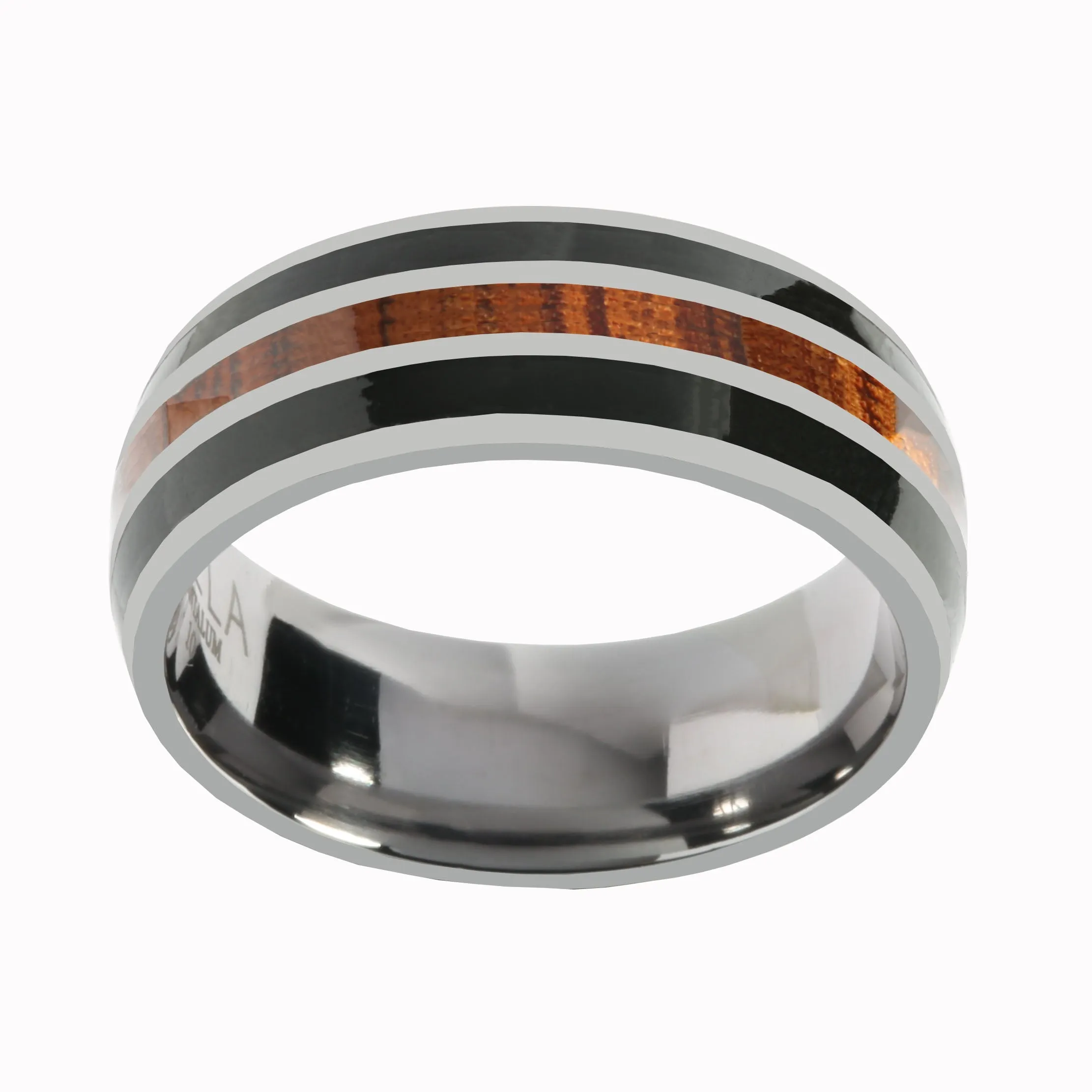 Tantalum with Onyx and Koa Wood Inlaid Wedding Ring Barrel 8mm