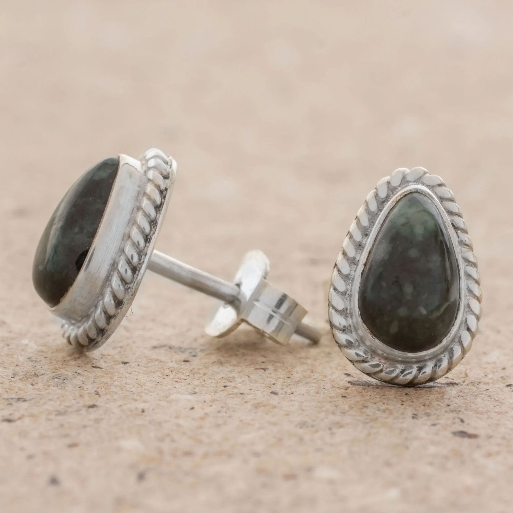 Teardrop Lassos Green Jade and 925 Silver Teardrop Earrings from Guatemala