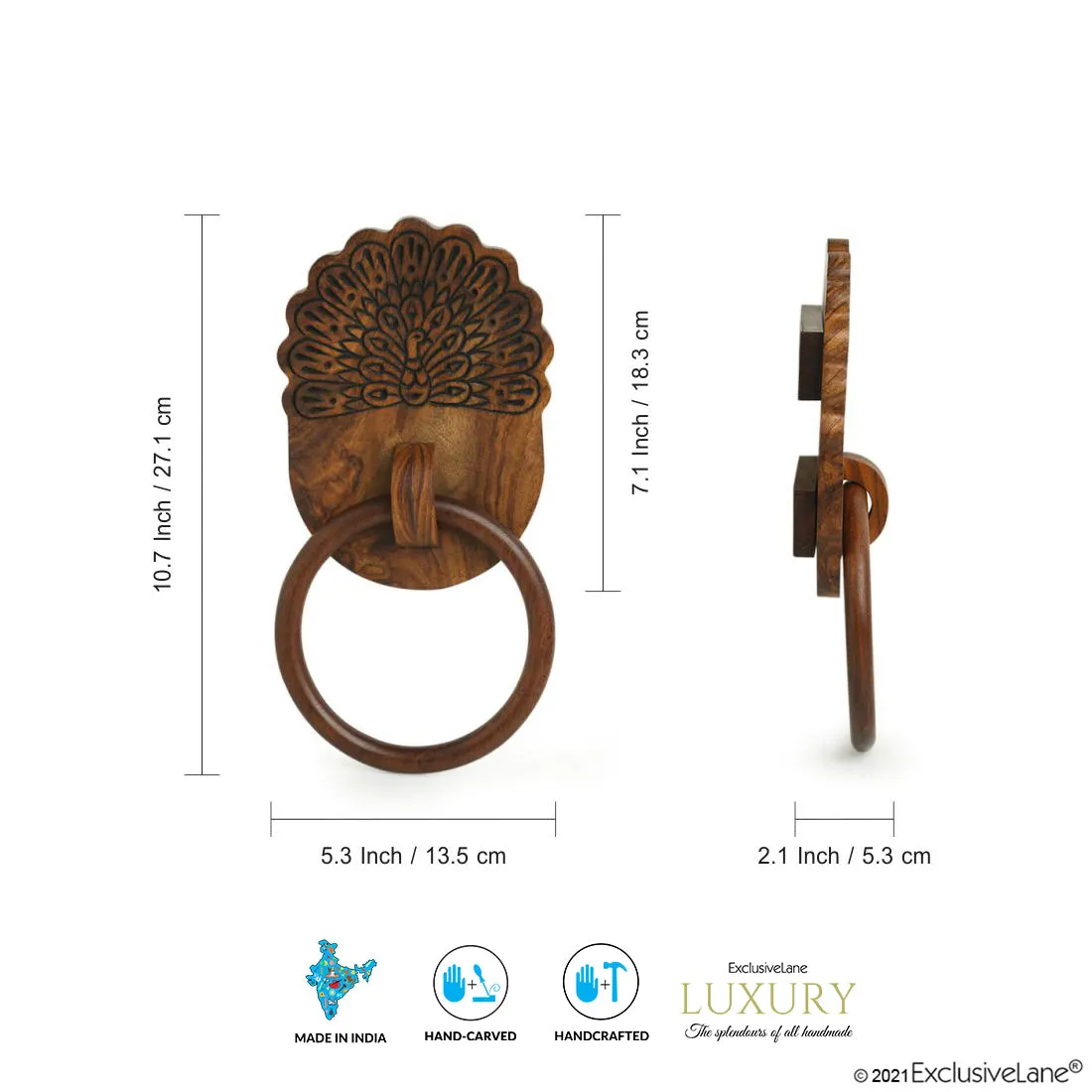 'The Dancing Peacock' Hand Carved Sheesham Wood Towel Ring Holder