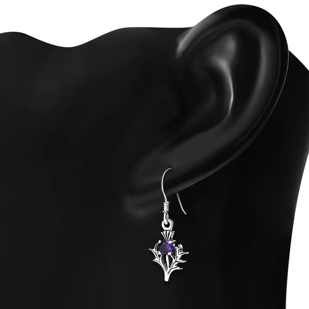 Tiny Silver Thistle Earrings set w Amethyst CZ