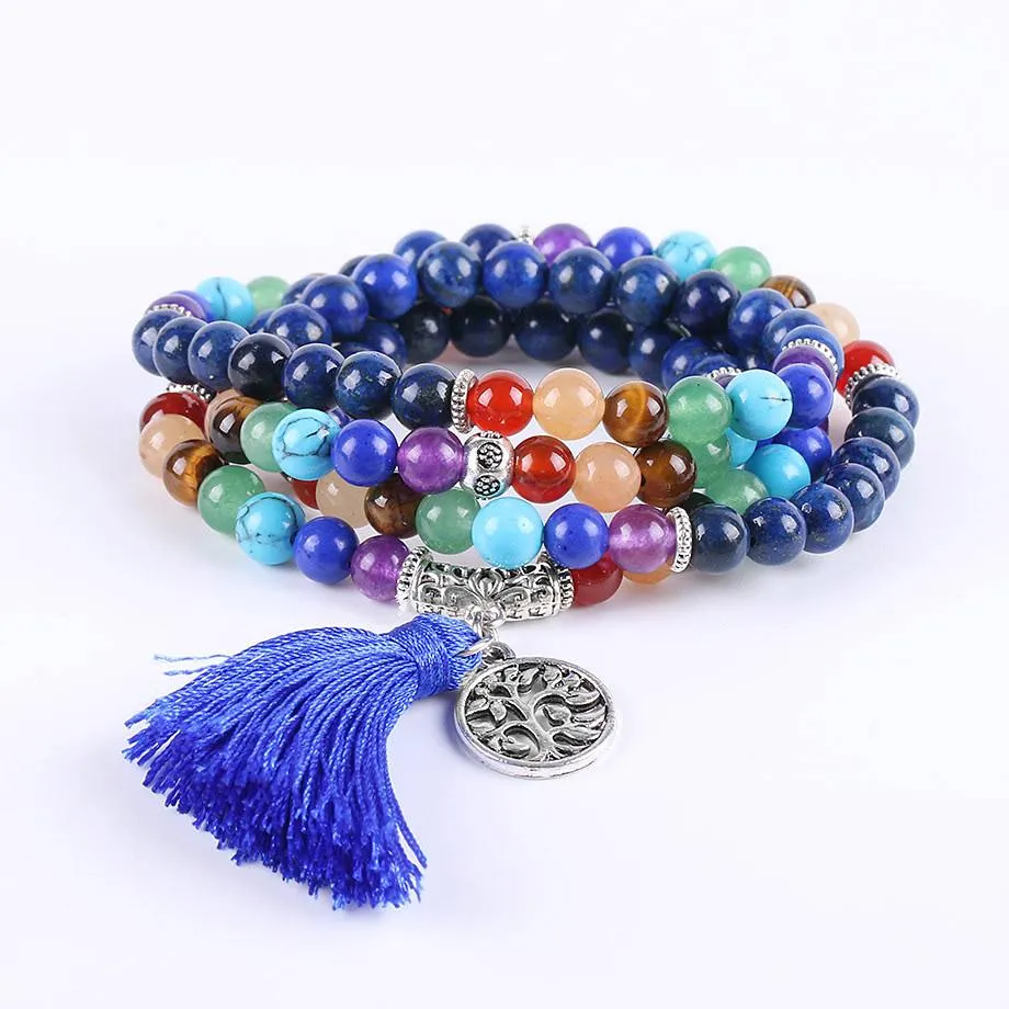 Tree of Life 7 Chakra Lapis Lazuli 108 Mala Beads Bracelet